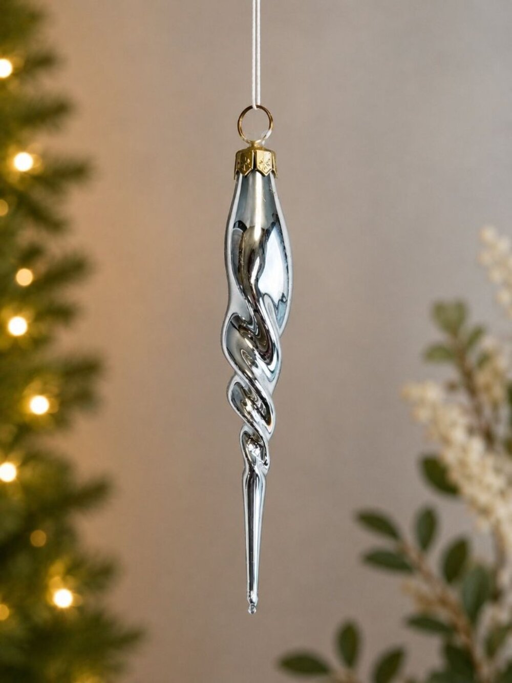 Christopher Radko Silver Twist Icicle Drop Blown Glass Ornament 4 1/2"